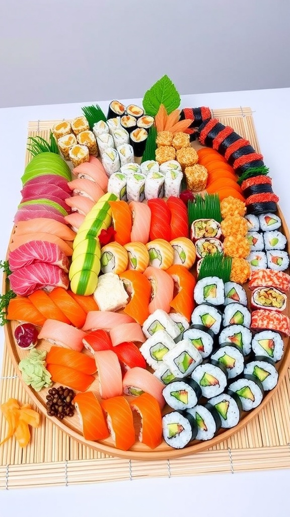Delicious 60-Piece Sushi Platter Recipe A colorful sushi platter with assorted maki and nigiri sushi, garnished with wasabi and pickled ginger.